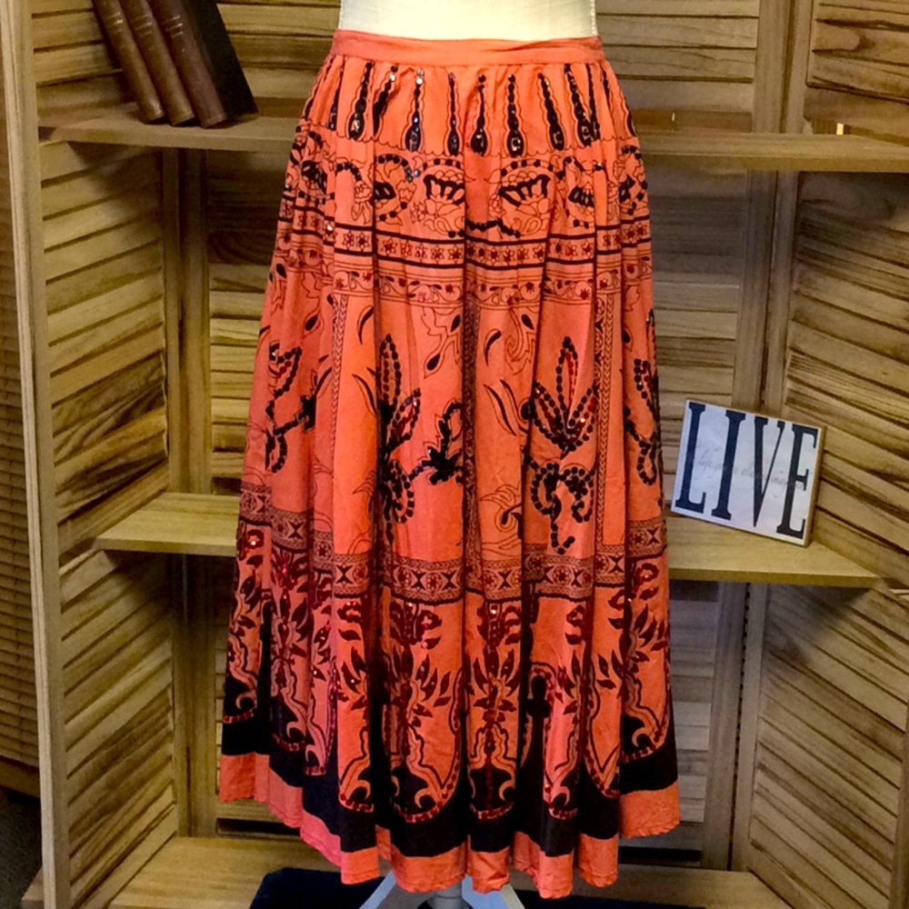 Vintage Zashi Bohemian Print Skirt with Sequins